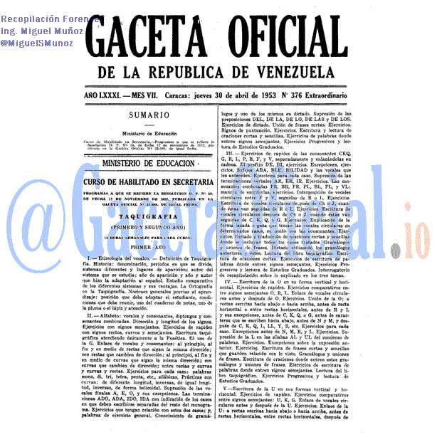 Gaceta Oficial 376 del 30 Abril 1953