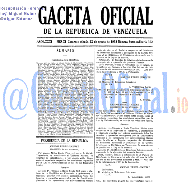 Gaceta Oficial 392 del 22 Agosto 1953