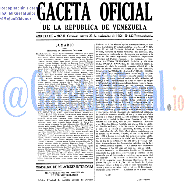 Gaceta Oficial 432 del 23 Noviembre 1954
