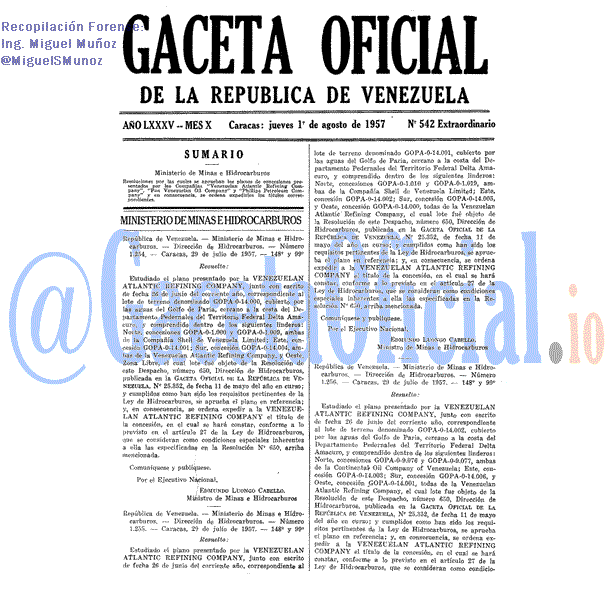 Gaceta Oficial 542 del 1 Agosto 1957