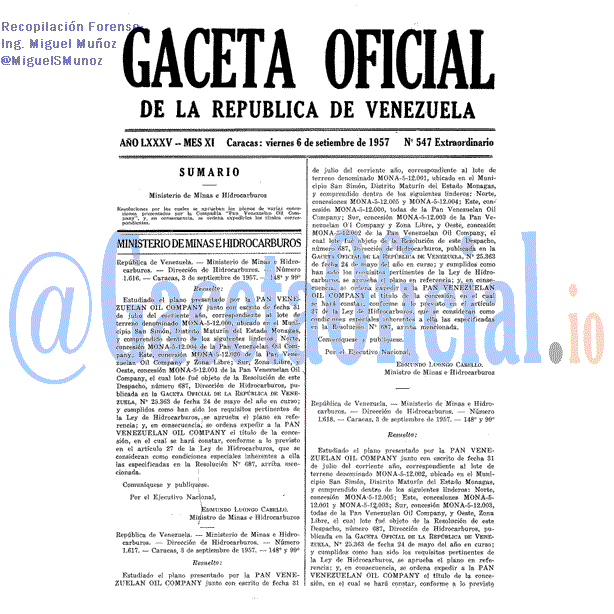 Gaceta Oficial 547 del 6 Septiembre 1957