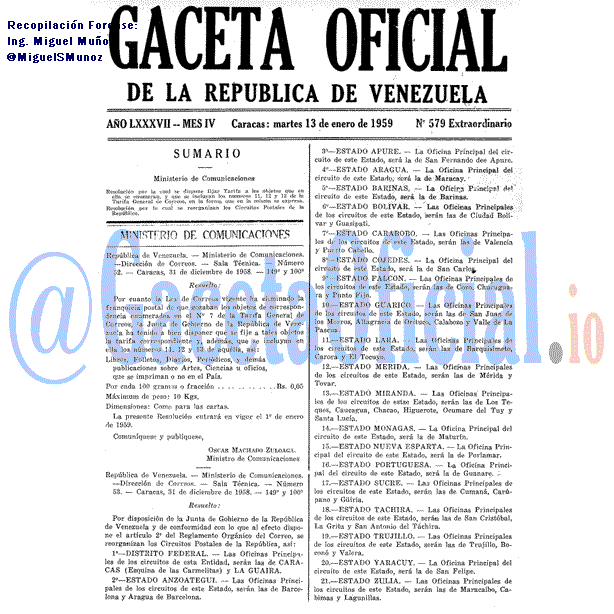 Gaceta Oficial 579 del 13 Enero 1959
