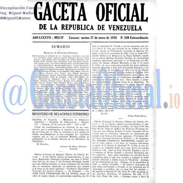 Gaceta Oficial 580 del 27 Enero 1959