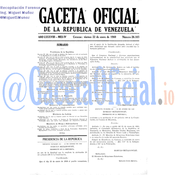 Gaceta Oficial 26165 del 22 Enero 1960