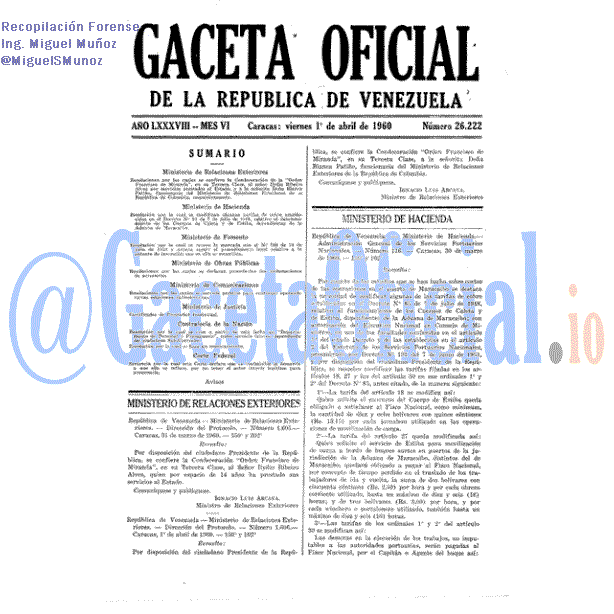 Gaceta Oficial 26222 del 1 Abril 1960