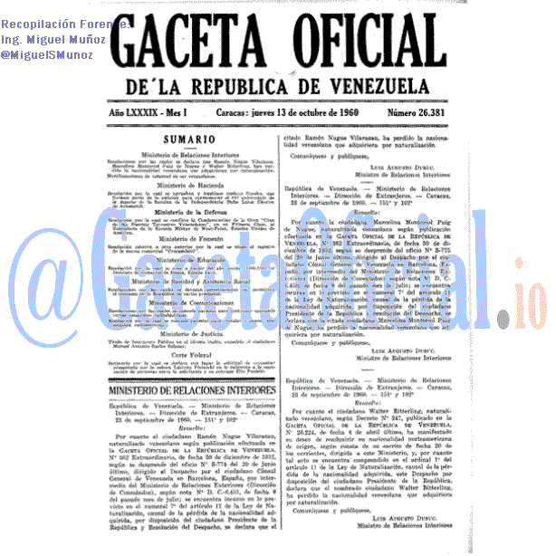 Gaceta Oficial 26381 del 13 Octubre 1960