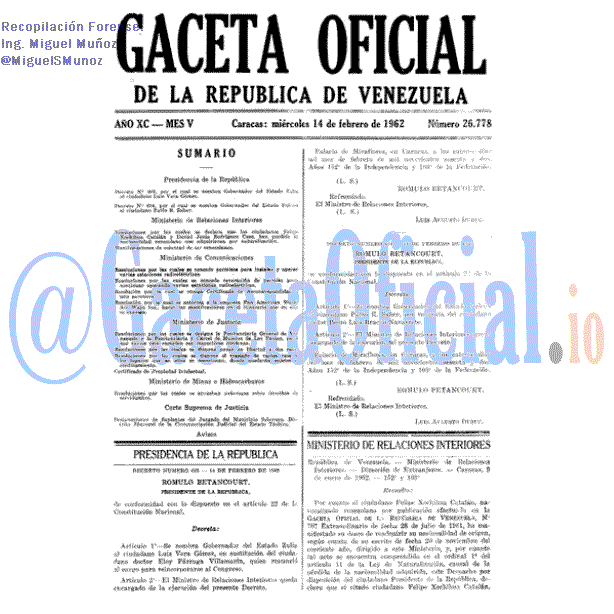 Gaceta Oficial 26778 del 14 Febrero 1962