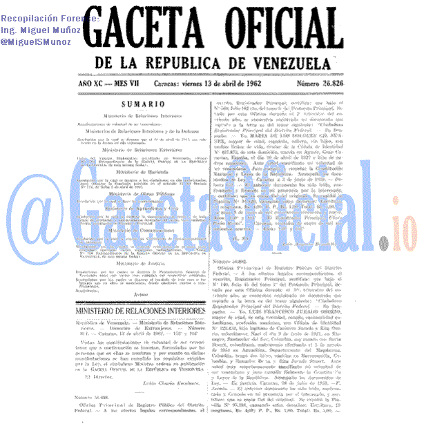 Gaceta Oficial 26826 del 13 Abril 1962