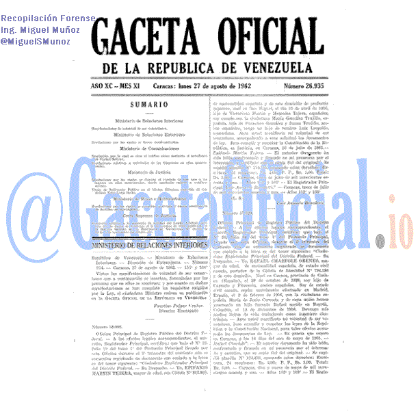 Gaceta Oficial 26935 del 27 Agosto 1962