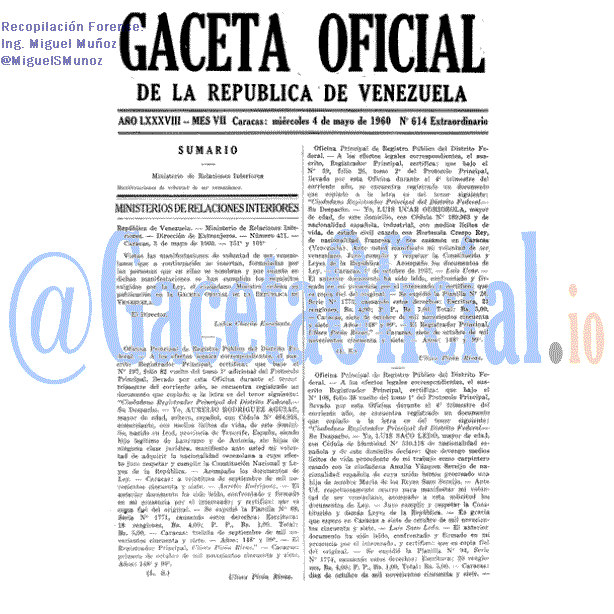 Gaceta Oficial 614 del 4 Mayo 1960