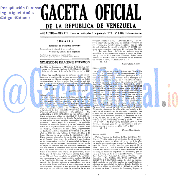 Gaceta Oficial 1405 del 3 Junio 1970
