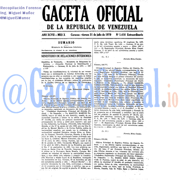 Gaceta Oficial 1416 del 31 Julio 1970