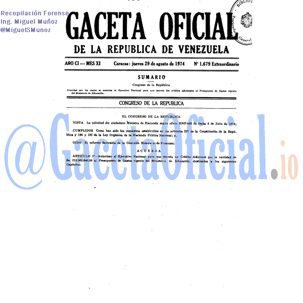 Gaceta Oficial 1679 del 29 Agosto 1974