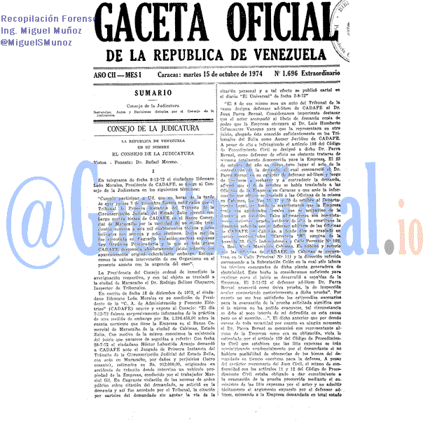 Gaceta Oficial 1696 del 15 Octubre 1974