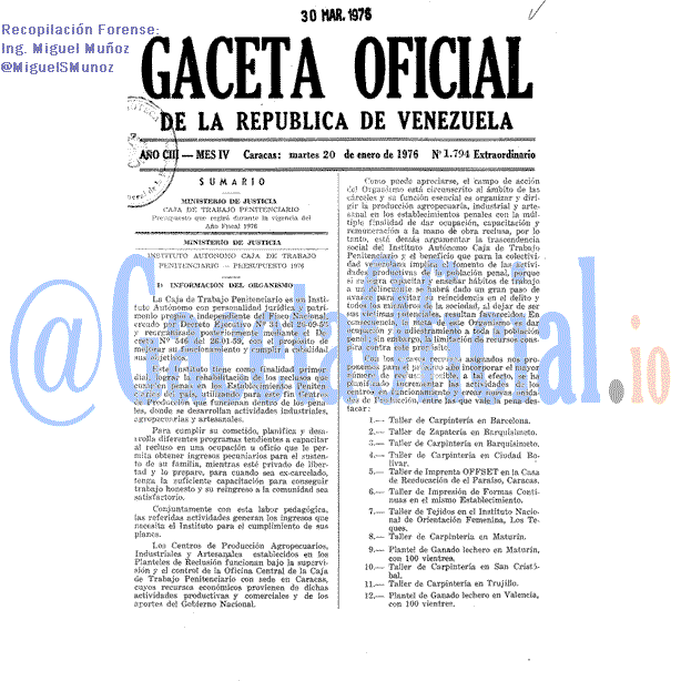 Gaceta Oficial 1794 del 20 Enero 1976