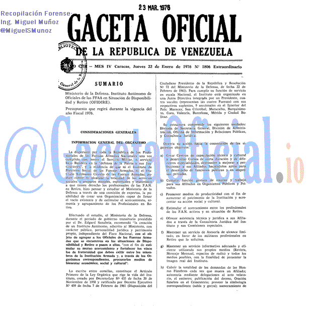 Gaceta Oficial 1806 del 22 Enero 1976