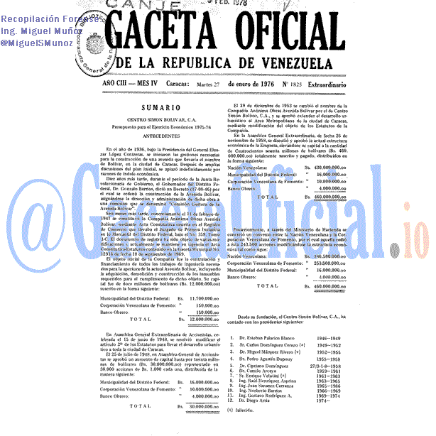 Gaceta Oficial 1825 del 27 Enero 1976