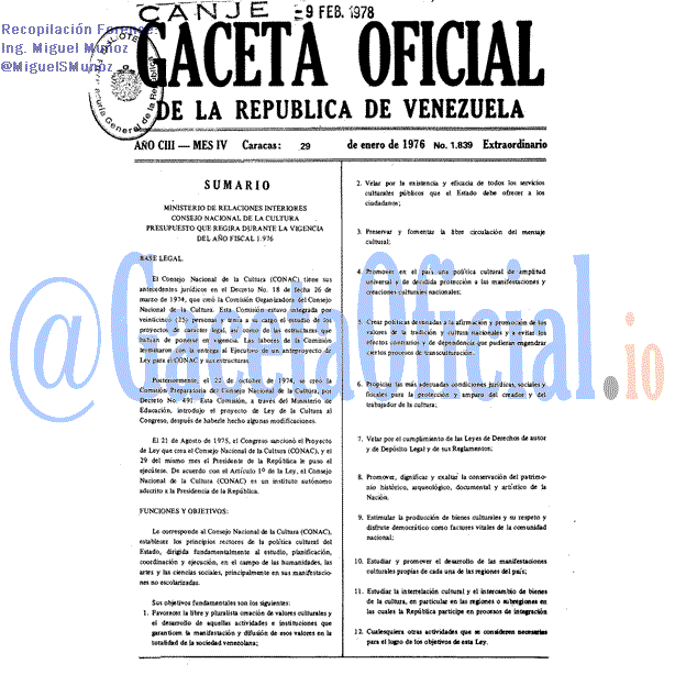 Gaceta Oficial 1839 del 29 Enero 1976