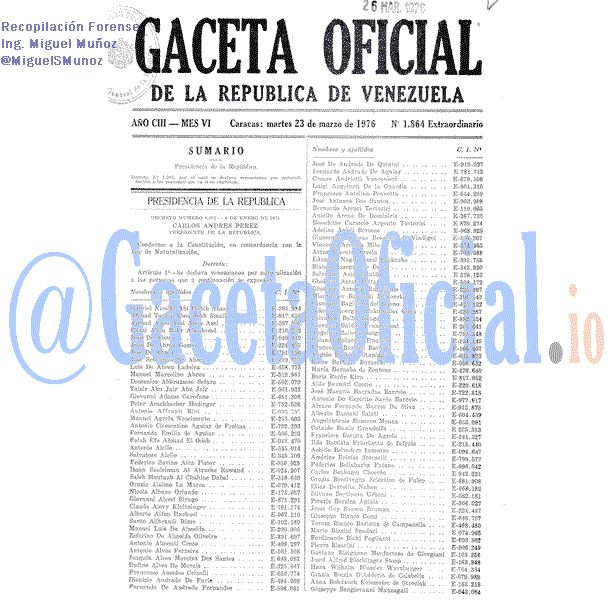 Gaceta Oficial 1864 del 23 Marzo 1976