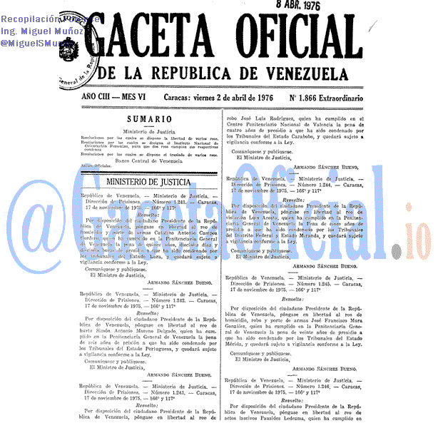 Gaceta Oficial 1866 del 2 Abril 1976