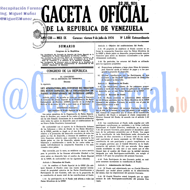 Gaceta Oficial 1886 del 9 Julio 1976