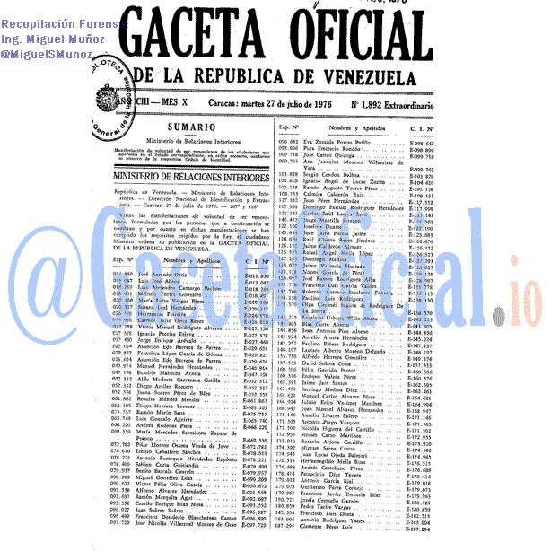 Gaceta Oficial 1892 del 27 Julio 1976