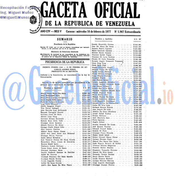 Gaceta Oficial 1967 del 16 Febrero 1977