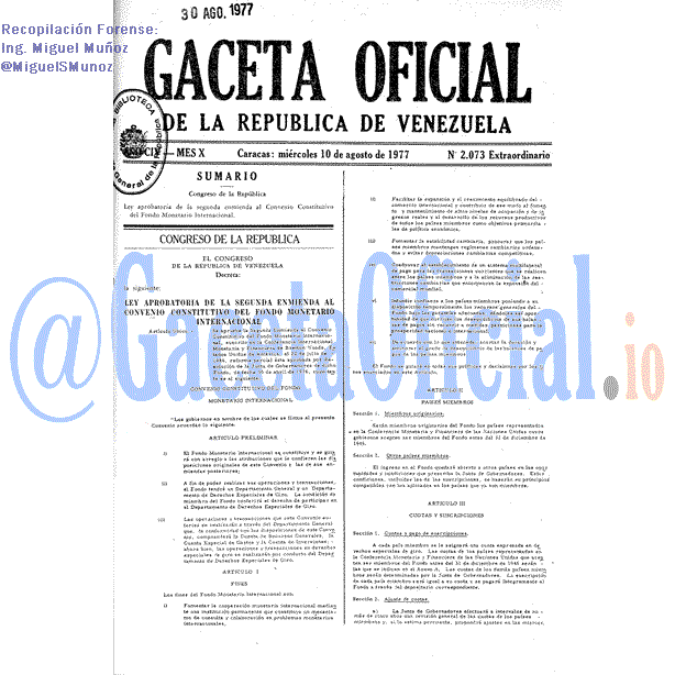 Gaceta Oficial 2073 del 10 Agosto 1977