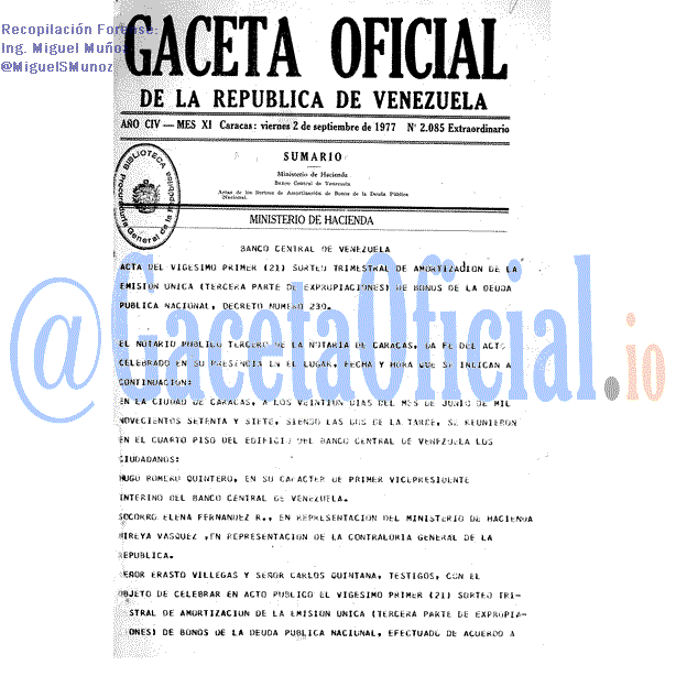 Gaceta Oficial 2085 del 2 Septiembre 1977