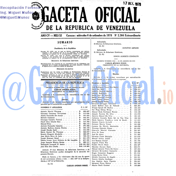 Gaceta Oficial 2304 del 6 Septiembre 1978