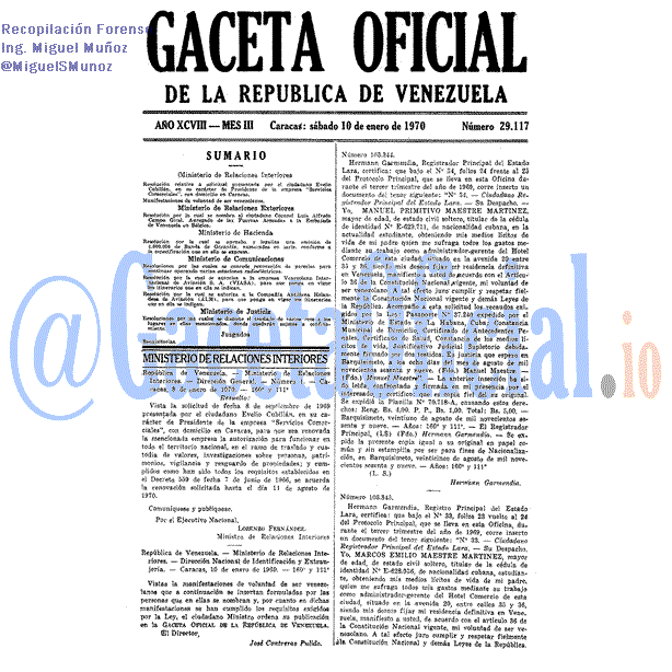 Gaceta Oficial 29117 del 10 Enero 1970