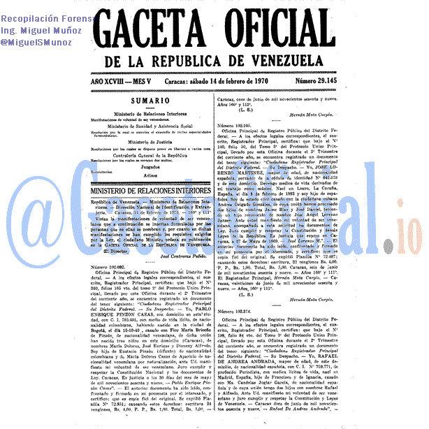 Gaceta Oficial 29145 del 14 Febrero 1970