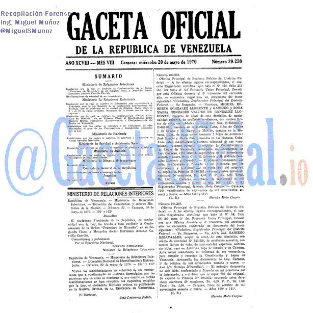 Gaceta Oficial 29220 del 20 Mayo 1970