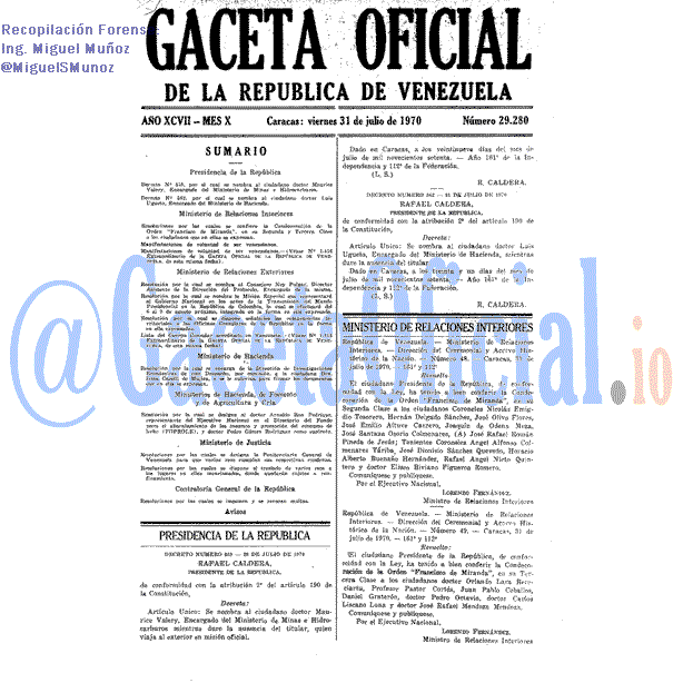 Gaceta Oficial 29280 del 31 Julio 1970