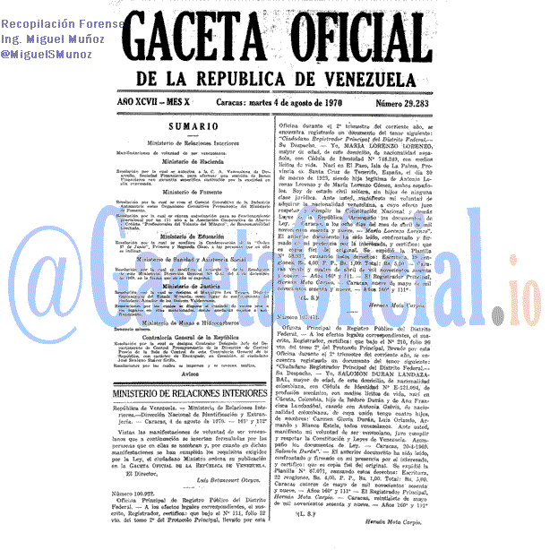 Gaceta Oficial 29283 del 4 Agosto 1970