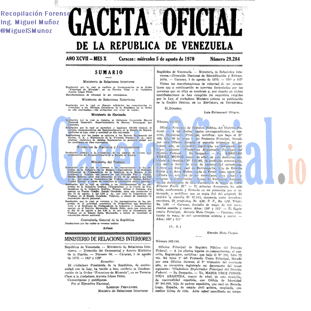 Gaceta Oficial 29284 del 5 Agosto 1970