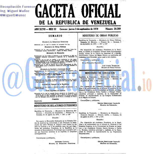 Gaceta Oficial 29309 del 3 Septiembre 1970