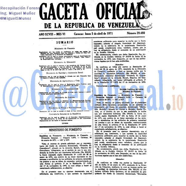 Gaceta Oficial 29480 del 5 Abril 1971
