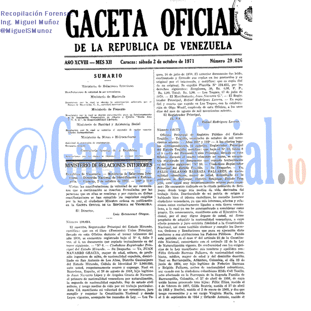 Gaceta Oficial 29626 del 2 Octubre 1971
