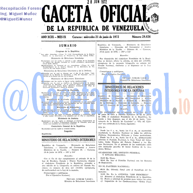 Gaceta Oficial 29836 del 21 Junio 1972