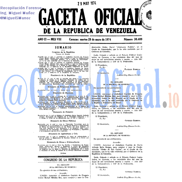 Gaceta Oficial 30409 del 28 Mayo 1974