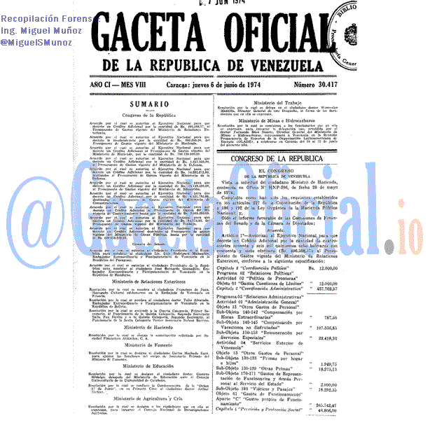 Gaceta Oficial 30417 del 6 Junio 1974