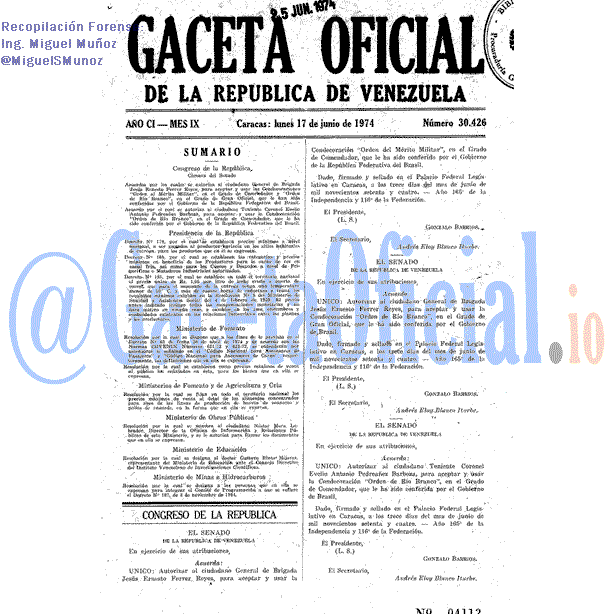Gaceta Oficial 30426 del 17 Junio 1974
