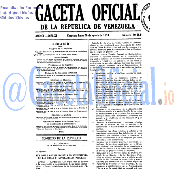 Gaceta Oficial 30483 del 26 Agosto 1974