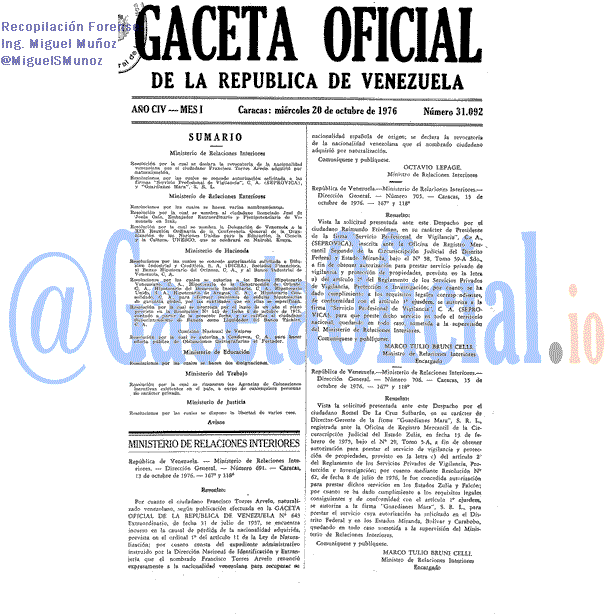 Gaceta Oficial 31092 del 20 Octubre 1976