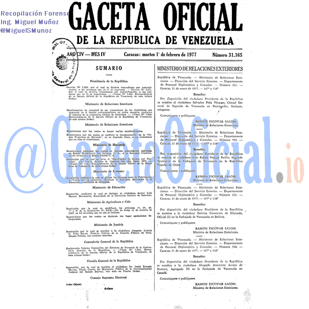 Gaceta Oficial 31165 del 1 Febrero 1977