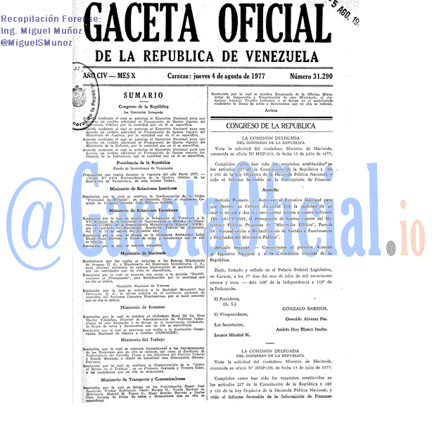 Gaceta Oficial 31290 del 4 Agosto 1977