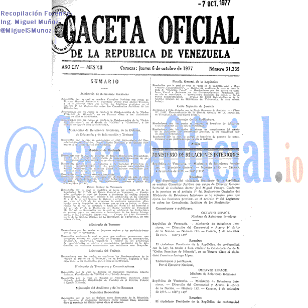 Gaceta Oficial 31335 del 6 Octubre 1977