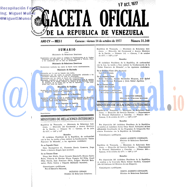 Gaceta Oficial 31340 del 14 Octubre 1977
