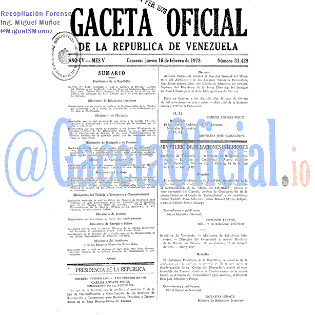 Gaceta Oficial 31429 del 16 Febrero 1978